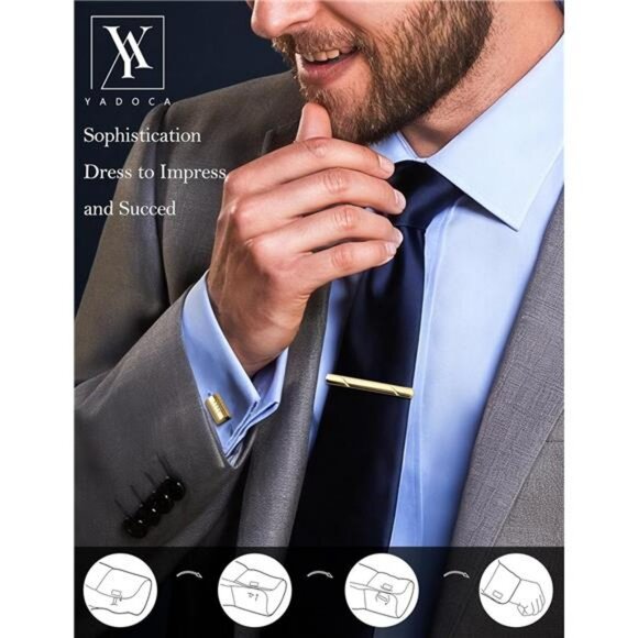 Men's tie clip and cufflink set silver gold black formal tuxedo shirt gift box - Picture 2 of 7